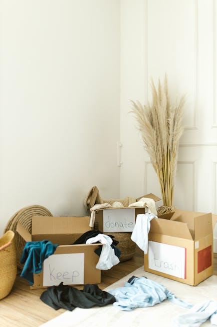 In a room with light-colored walls and wooden flooring, several cardboard boxes are positioned near a white wall, with some open and others sealed. The open boxes contain various clothing items, such 