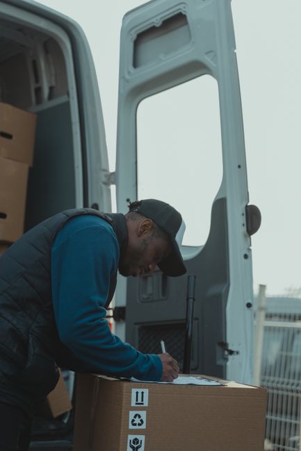 A man with a beard, wearing a black cap, white polo shirt, and jeans, stands inside the open rear doors of a white moving van, holding a large cardboard box with both hands. The van's cargo area is fi